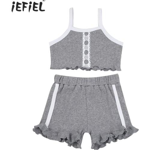 Summer 3Pcs Baby Girls Ribbed Clothes Strap Knitted Vest Crop Tops+Ruffle Shorts Pants Outfits Clothes Set 0-18M