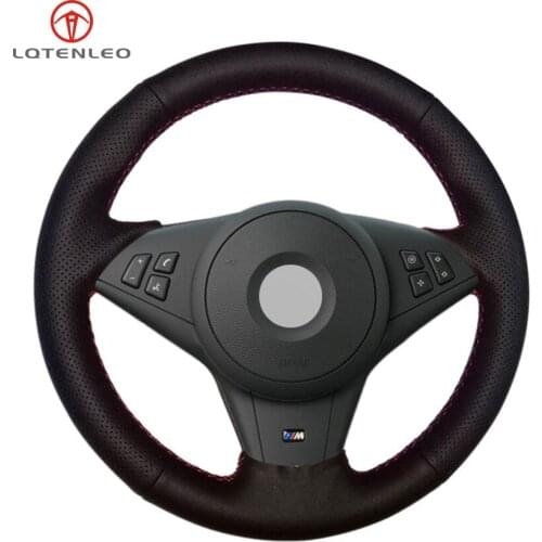 LQTENLEO DIY Car Steering Wheel Cover Black Genuine Leather For BMW E60 E61 530d 545i 550i E63 E64 630i 645Ci 650i 2003-2010