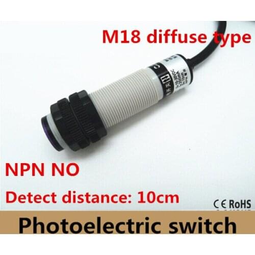 M18 diffuse type DC10-30V NPN NO plastic sheel photoelectric sensor switch infrared photocell sensor distance 10cm CE Approval