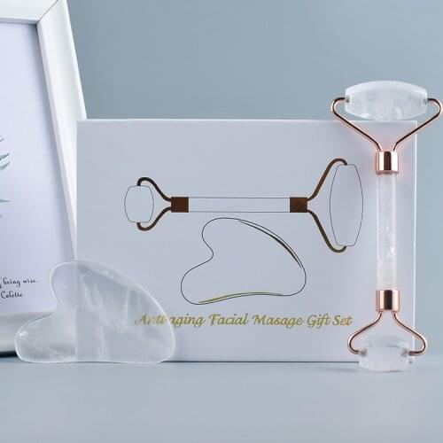 2 in 1 Natural Rock Quartz Guasha Crystal Face Tool Slimming Massager Facial Massage Roller Stone Health Beauty Gift Set
