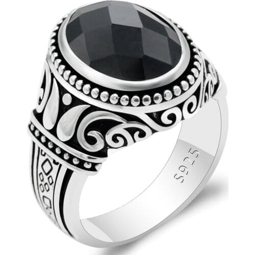 Original Mens Ring 925 Sterling Silver Natural Stone Male Ring Vintage Turkish Antique Jewelry to Women Husband Anniversary Gift