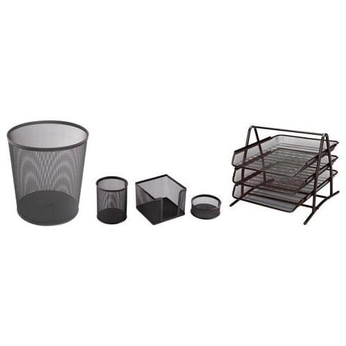 SERESSTORE 3A Metal Office Set 5 Black (Document Rack 3 Pieces + Trash Can + Pen Holder + Earnote Holder + Clip Holder)