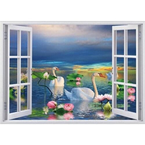 Garden scenery mural red lotus white goose 3d fake window vinyl wall stickers home decoration park lake view wallpaper 70*50cm