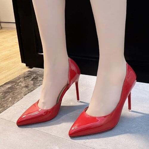 New 2021 Women pumps Elegant pointed toe patent leather office lady Shoes Spring Summer High heels Wedding Bridal Shoes