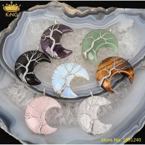 5pcs Natural Agates Aventurines Opal Moon-Shape Pendant Necklace,Wire Wrap Silvery Tree of Life Quartz Crystal Pendant Jewelry