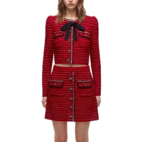 Runway Designer Knit Cropped Top and Skirt Set 2021 Autumn Red Bows Slim Short Sweater Cardigan + Mini A line Skirt 2 Piece Set