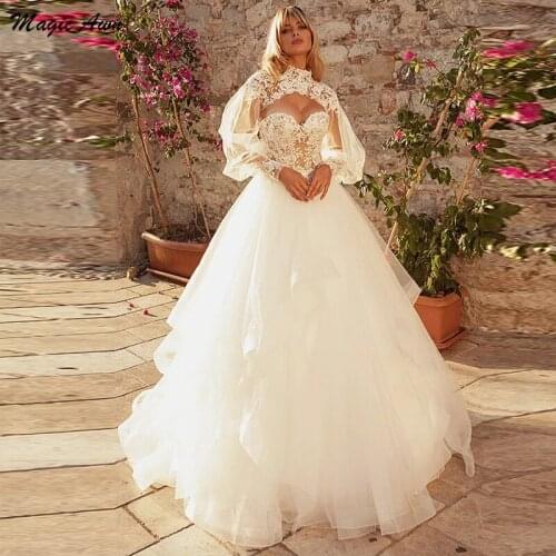 Magic Awn Gorgeous 2 In 1 Wedding Dresses Boho Lace Appliques Detachable Wrap Long Sleeves Illusion Princess Robes Mariage Gowns
