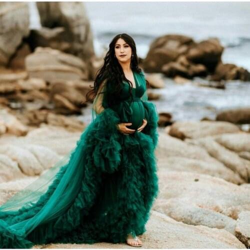 Green Women Maternity Gowns For Photoshoot Tiered Ruffles Long Maxi Dress for Photography Pregnancy Party Wear