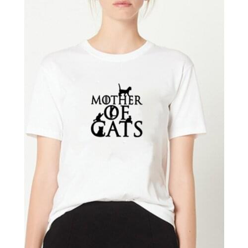 Mother of Cats Print Summer T-shirt Women O-neck Cotton Short Sleeve Funny T Shirt Women Top Loose T-shirt Femme Black White