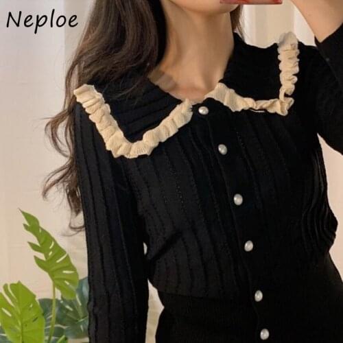 Neploe Sweet Peter Pan Collar Ruffled Sweater Women Single Breasted Knitted Jacket Autumn New 2021 Long Sleeve Knit Cardigan
