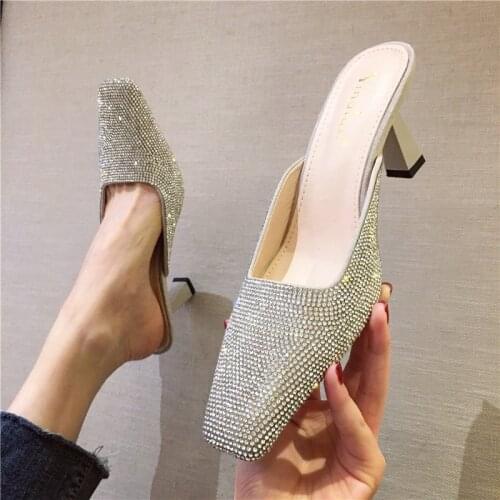 Fashion Rhinestone Mules Shoes For Women Small Square Toe Slip On Slippers Sandals Slides Crystal High Heels Slides 2020 New