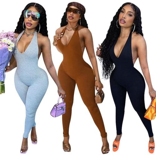 Sexy Women Jumpsuit Halter Solid Color Backless Streetwear Party Night Skinny Sportwear Summer Clothes For Women