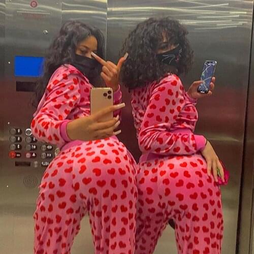 Kawaii Heart Printed Y2k Hoodies Sweatshirts + Drawstring Pants Outfits Women Two Piece Set 2021 Korean Harajuku Pink Tracksuit