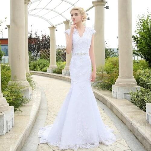 Sexy Bohemia Beach Mermaid Wedding Dress V-neck Cap Sleeve Ribbon Bow Lace Applique Wedding Gowns Vestido de Novia