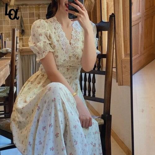 Luck A Vintage Floral Dress Women Elegant Lace Chiffon Korean Party Dress Puff Sleeve V Neck Midi Dress Fall Dresses for Women