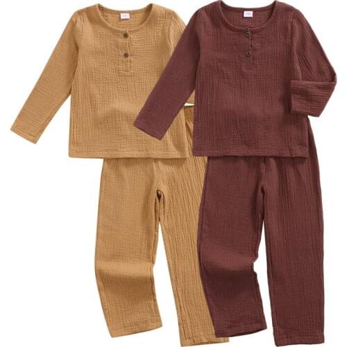 Toddler Kids Casual Basic 2PCS Autumn Spring Long Sleeve Round Neck Button Top+Elastic Waist Pants Solid Clothes Set Boys Girls