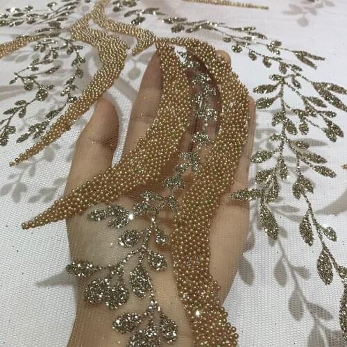 2021 Rose Gold Sequence Floral Beaded Lace Fabric 5 Yards Glitter Tulle Pearls Flower Applique Trimmings Sewing for Party Dress