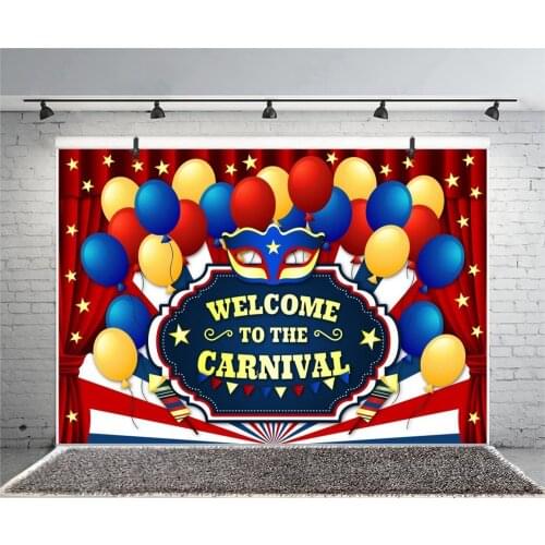 Coloful Balloons Carnival Background for Party Red Curtain Tent Circus Interior Decor Masquerade Mask Stars Photography Backdrop
