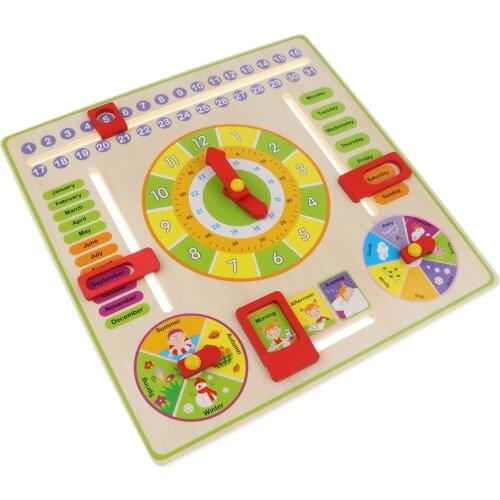 Wooden Teaching Clock Calendar Time Board Seasons Weather Cognitive Toy