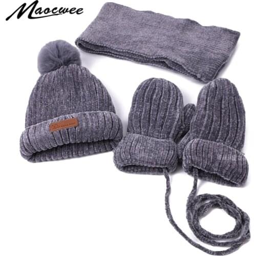 Children Winter Pom Hat Scarf Gloves Sets Outdoor Thick Warm Mittens Cap Scarf Sets Kids Cute Solid Color Beanie Hat With Lining