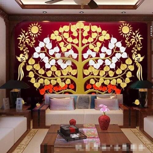 Customized Southeast Asia Thai-style gold foil painting living room entrance porch frescoes Bodhi tree auspicious tree wallpaper