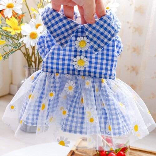 Plaid Daisy Dog Dress Blue Pet Summer Veil Skirt Cat Cute Clothes Pink Puppy Costumes for Small Medium Dog Girl Chihuahua Yorkie