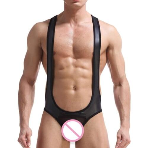 Sexy Men Jumpsuit Bodysuit Mens PU Leathe Suspender Singlet Open Buttocks Underwear Comfortable Breathable Strecth Bodywear
