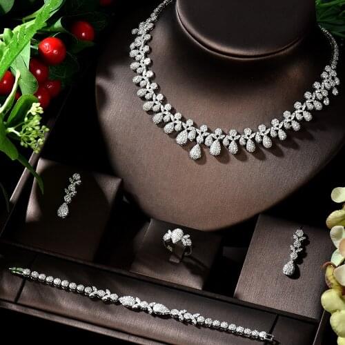 HIBRIDE Trendy Gorgeous Women Wedding Party Necklace Set Leaf Design Zirconia African Jewelry Set Nigerian Wedding Bijoux N-36