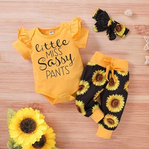 Baby Girl Sets Letter Printed Long Sleeve Bodysuit Pants or Shorts with Bowknot Headband Cotton Outfit Clothes