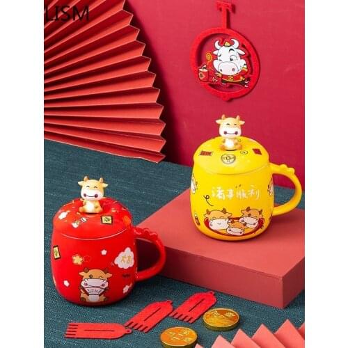 Cute Coffee Mugs and Cups Ceramic Coffee Mug with Lid Year of The Ox Ceramic Mug Creative Personality Water Cup Milk Cup