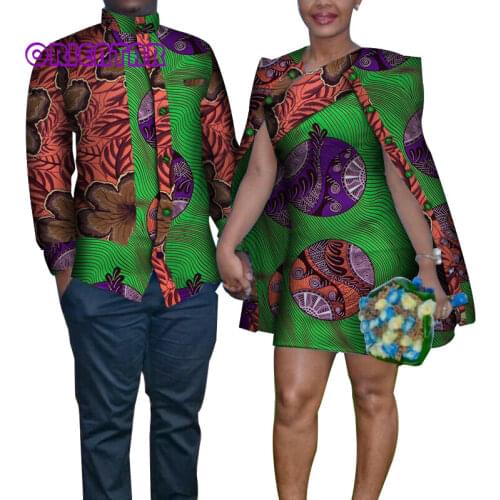 Fashion African Clothes for Couple Men Long Sleeve Shirt Women Dress with Shawl Casual Matching African Couple Dress WYQ184