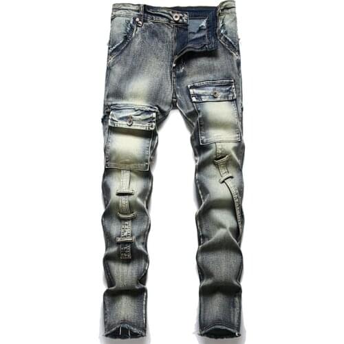 Mcikkny Mens Vintage Ripped Jeans With Multi Pockets Washed Motorcycle Denim Trousers For Male Patchwork