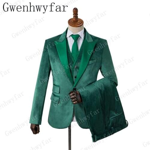 2019 Latest Coat Designs Dark Green Velvet Men Suit Slim Fit 3 Pieces Men Wedding Suits Groom Party Tuxedos Blazer+Pants+Vest