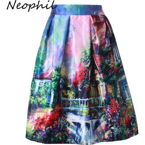 Neophil 2021 Retro Fashion Building Floral View Print Pleated High Waist Ball Gown Midi Skater Short Skirts Women Saia S1607026