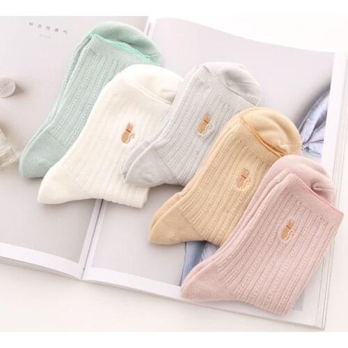 10Pieces= 5Pairs Women Cotton Socks New Style for Autumn and Winter Cartoon Cute Striped Embroidered Animal Socks Woman