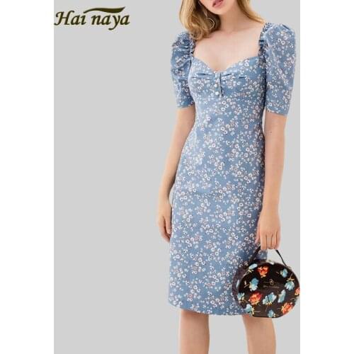 2021 Summer New Short Sleeve Floral Dress Slim Print V-neck Bubble Sleeve High Waist Hip Skirt