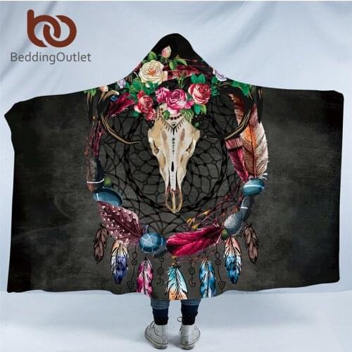 BeddingOutlet Skull Hooded Blanket Tribal Gothic Sherpa Fleece Wearable Blanket Bohemian Floral Dreamcatcher Home Textiles