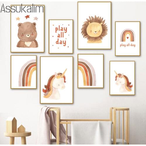 Nursery Art Posters Lion Painting Bear Print Rainbow Wall Poster Unicorn Canvas Prints Nordic Wall Pictures Kids Room Decoration