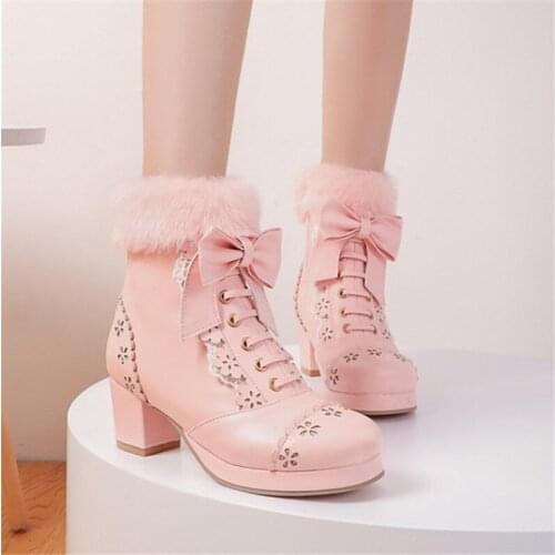 PXELENA Sweet Bride Wedding Boots White Pink Faux Fur Bow Ruffles Girls Lolita Cosplay Uniform Costume Ankle Boots Large Size