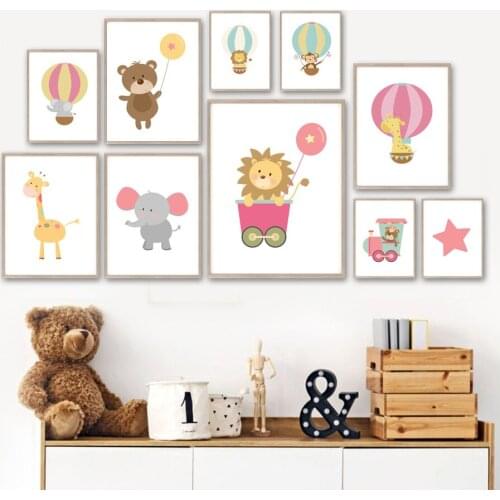 Elephant Bear Lion Monkey Giraffe Balloon Car Wall Art Canvas Painting Nordic Posters And Prints Wall Pictures Kids Room Decor