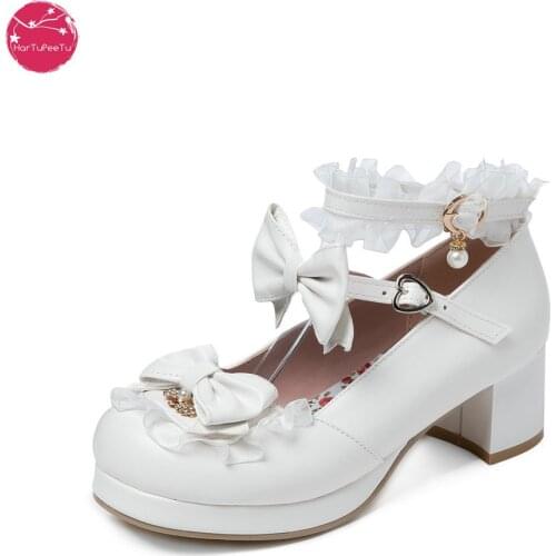 Japanese Lolita Cute Palace Stage Cosplay Sweet Girls Shoes Pearl High Heel with Cross Bowknot Kawaii Pumps 2021 Spring Autumn