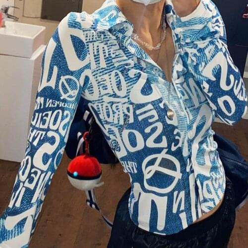 Letter Print Long Sleeve T Shirt Bodycon Casual Fashion V Neck T Shirts Autumn Summer Button Turn Down Collar 2021 Women T Shirt