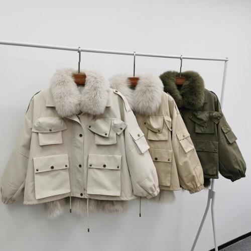 Fashion Women Real Fur Coat Winter Thick Reversible Jacket Natural Fox Fur Collar Loose Parka Streetwear Detachable