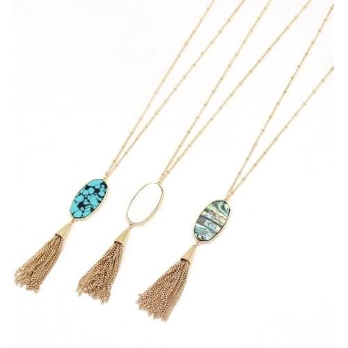 Inspired Abalone Shell pasting Pendant Necklace Oval Hexagon Gold korean trendy Tassels Long Chain Necklace Brand Jewelry Women