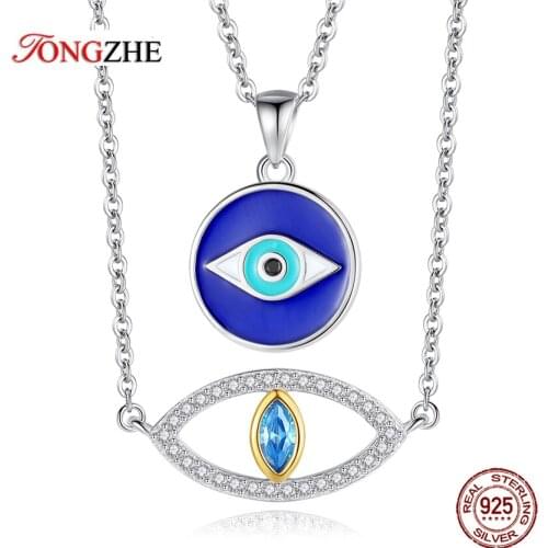 TONGZHE Evil Eye Lucky 925 Sterling Silver Necklaces For Woman With Crystal Cubic Zirconia Blue Eye CZ Necklace Turkish Jewelry