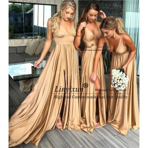 Sexy Long Gold Bridesmaid Dresses 2021 Deep V Neck Empire Split Side Floor Length Champagne Beach Boho Wedding Guest Dresses