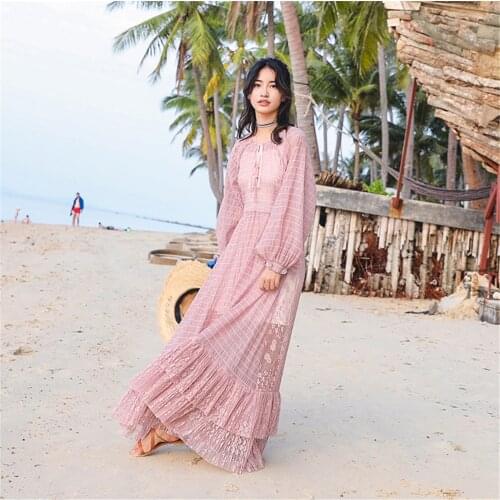 Spring Autumn O-Neck Floral Chiffon Long-sleeve Women Dress Elastic Waist Mesh Female Pink Dresses Vestidos Femme Lantern Sleeve