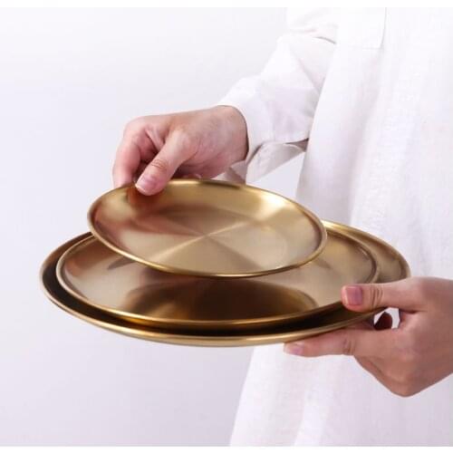 Golden Stainless Steel Dinner Plate Scandinavian Round Storage Tray Food Jewelry Display BBQ Picnic Serving Dish Korean Cutlery