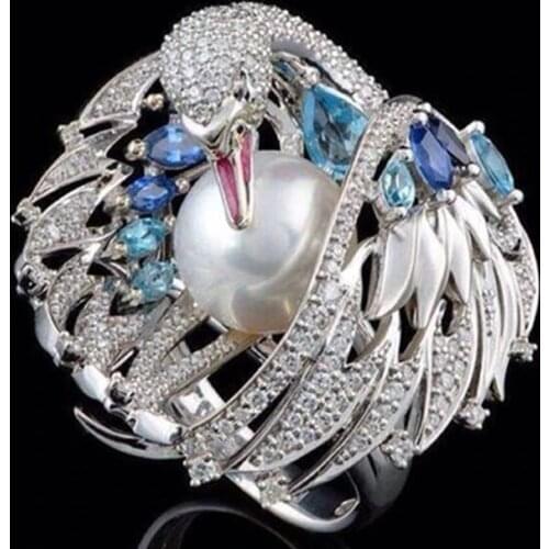 2019 New Shiny luxury vintage white swan pearl wedding ring Engagement Rings for Women Girl Party Gift Female Jewelry Wholesale