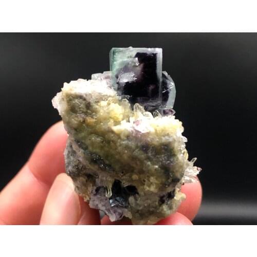 46.6gNatural deep purple fluorite and crystal phosphate iron mineral specimens, original stone geology teaching, home decoration